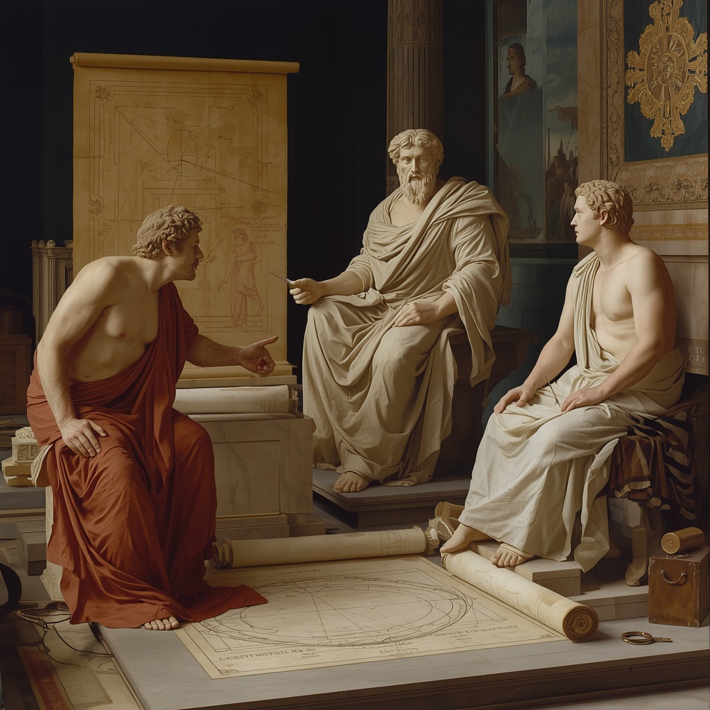 Ancient Greek philosophers discussing logic and reasoning with marble statues and scrolls in a classical academic setting, men in togas examining geometric diagrams on parchment